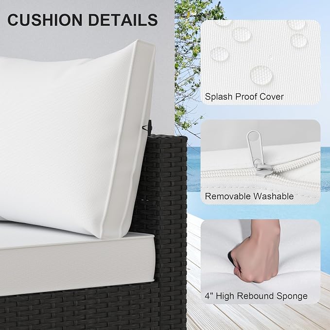 Patio Furniture Set, 6PCS Patio Sectional w/ Fire Pit Tabel Ottoman Wicker Rattan Outdoor Furniture with Thickened Cushion Modular Wicker Patio Conversation Set with Glass Top Table for Balcony(White)