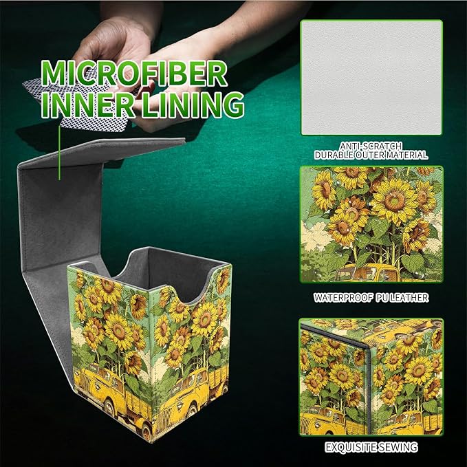 Sunflower Truck Card Deck Box for MTG, Personalized Card Storage Case Fits 120+ Sleeved Cards, Premium Leather TCG Box with Strong Magnetic Closure for Magic, CCG, PTCG, Baseball Cards