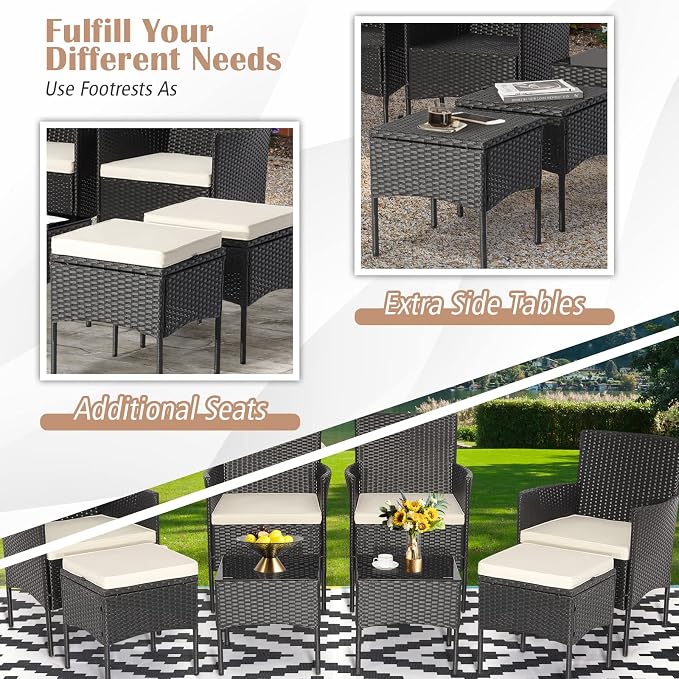 Tangkula 8 Piece Wicker Sofa Set, Patiojoy Outdoor Rattan Sofa Set w/2 Coffee Tables & 2 Ottomans, Rustproof Metal Frame, Soft Seat Cushions, Patio Wicker Conversation Set for Backyard, Poolside