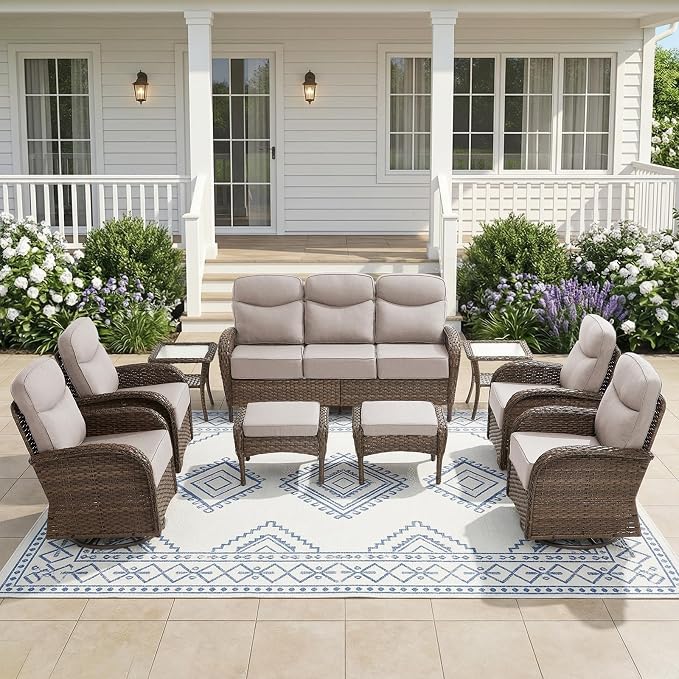 9-Piece Patio Furniture Set with Upgraded 6" Thick Cushion - High Back Outdoor Swivel Rocker Chairs Set of 2 with 3-Seater Sofa,Ottomans,Wicker Outdoor Conversation Set for Deck, Porch, Yard, Poolside