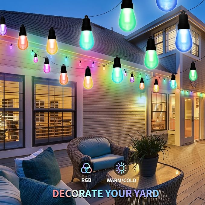 CAWWS Outdoor String Lights 75FT, Color Changing Patio Lights, Waterproof | 30 Shatterproof LED Bulbs, Multicolor & Warm White, Dimmable, IP67 Waterproof, APP & Remote, Custom Colors, 24V Low Voltage