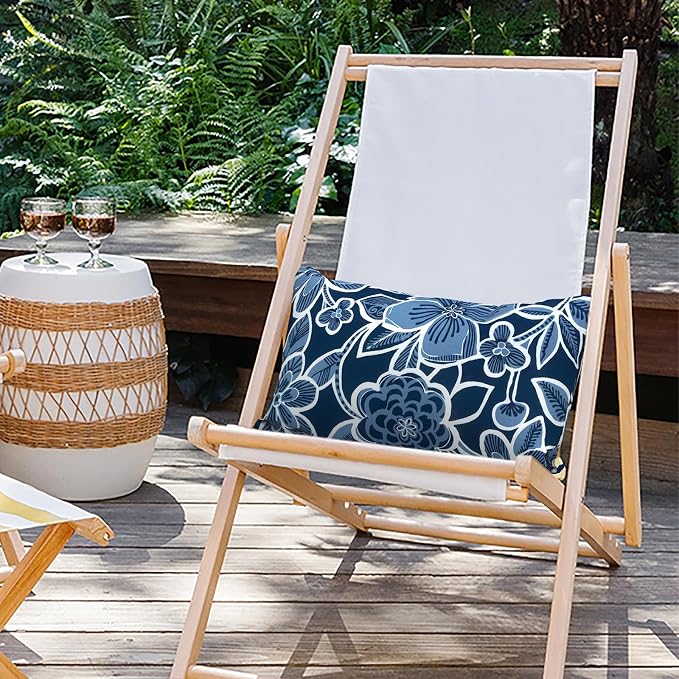 Outdoor Lumbar Pillow Covers 12”x20”, Rectangle Throw Pillow Covers for Patio Furniture, Decorative Lumbar Cushion Case for Garden Balcony Couch Office Chair, Pack of 2,Flower Navy