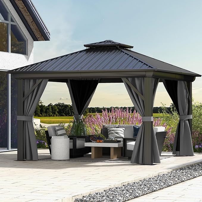 DWVO 12x12ft Gazebo Double Roof Hardtop with Nettings and Curtains, Heavy Duty Galvanized Steel Outdoor Vertical Stripes Roof for Patio, Backyard, Deck, Lawns, Grey