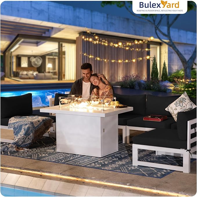 BULEXYARD 9 Piece Luxurious Aluminum Patio Furniture Set with Fireplace, 500 lbs Durable Outdoor Sectional Sofa, 29" Deep and Wide Big Seats, U Shaped Combo Conversation Couch for Outside Deck, Black
