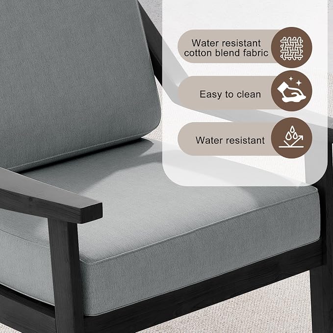 Outdoor Patio Furniture Set, 3 Piece Patio Conversation Sets with Washable Thick Cushions, All-Weather Solid Wood Patio Bistro Set for Porch, Balcony, Black Frame & Gray Cushion