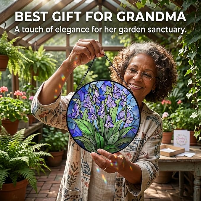 Birthday Gifts for Women - Violet Flowers Faux Stained Glass Window Hanging Sun Catcher for Door Garden Acrylic Decor Mother's Day Christmas for Mom Nana Grandma Sisters Wife 9.8"