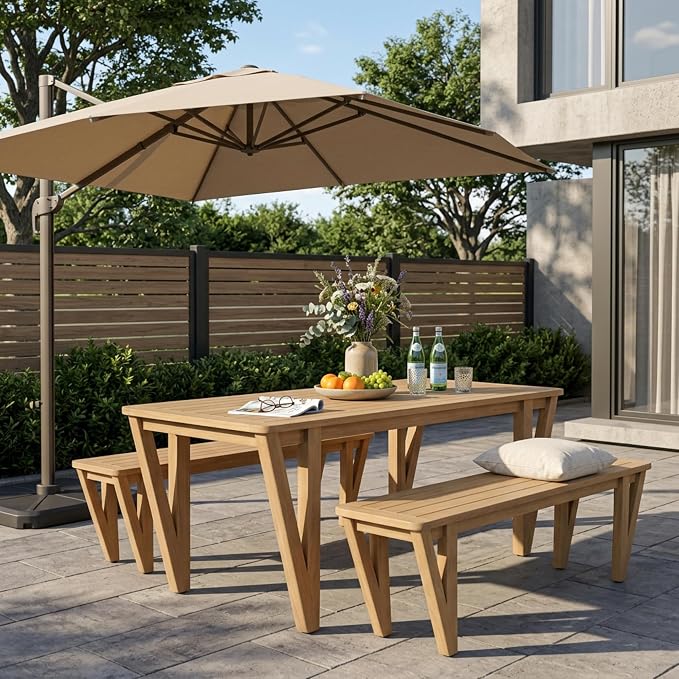 Christopher Knight Home Cove 3 Piece Acacia Wood Dining Table Set for 4-6, Outdoor Dining Set with Patio Table & Dual Benches, Patio Furniture Set with Slatted Design & V-Shaped Legs, Light Teak