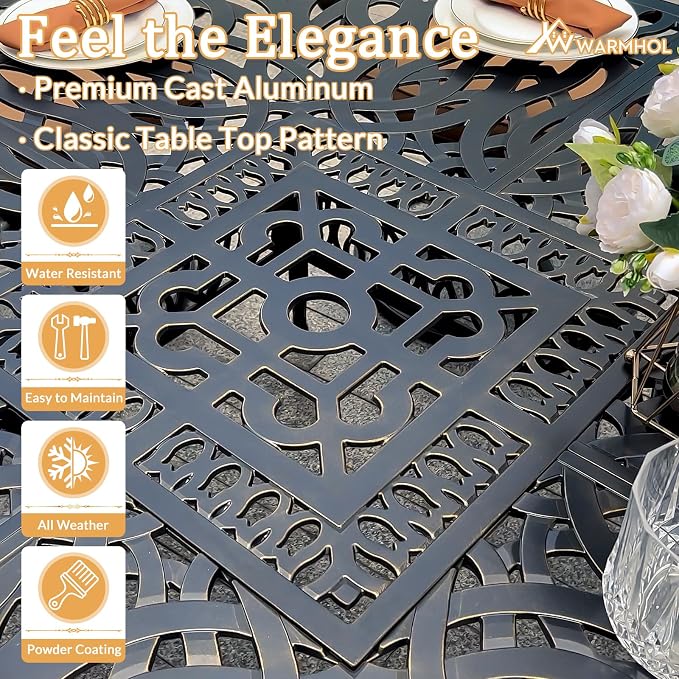 9 Piece Outdoor Patio Dining Set for 8, Cast Aluminium Large Square Dining Table & 2 Swivel Rocker Chairs, 6 Stationary, 8 Cushions, Umbrella Hole, Patio Furniture Set for Garden, Ocean Blue