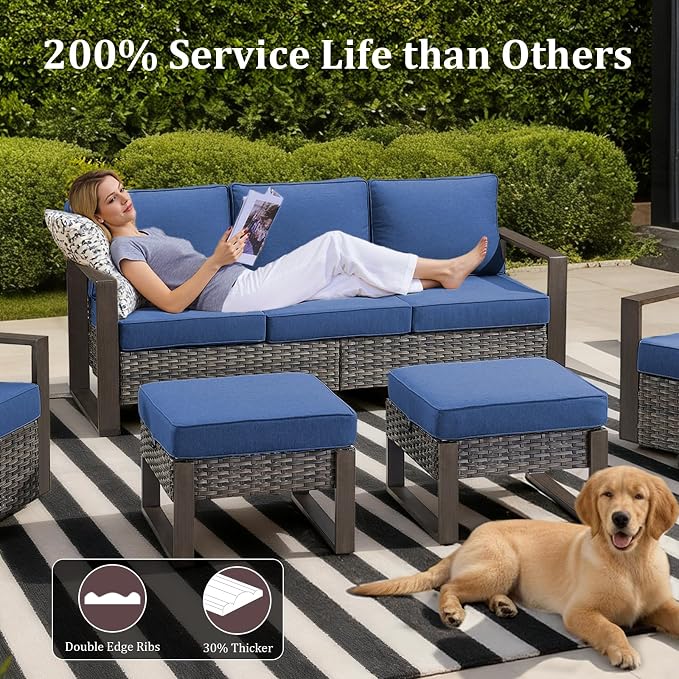 7-Piece Outdoor Patio Furniture Set with Swivel Chairs & Rattan Chairs, All-Weather Wicker Sofa Set for Garden, Yard, Porch and Poolside Seating, Grey/Blue