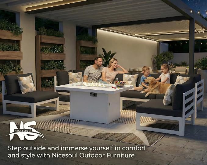 NICESOUL 12 Seat Large Modern Aluminum Patio Conversation Set, 29" Deep Wide Sectional Seating with Fire Pit Table, 500 lbs Heavy Duty All Weather Outdoor Sofa with Side Table for Backyard Deck, Black