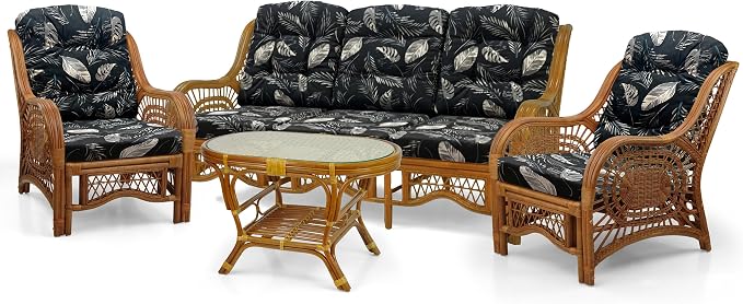 Malibu Lounge Set of 4: 2 Natural Rattan Wicker Chairs, Three-Seater Sofa and Coffee Table with Glass Handmade, Colonial Color with Black Leaf Cushions