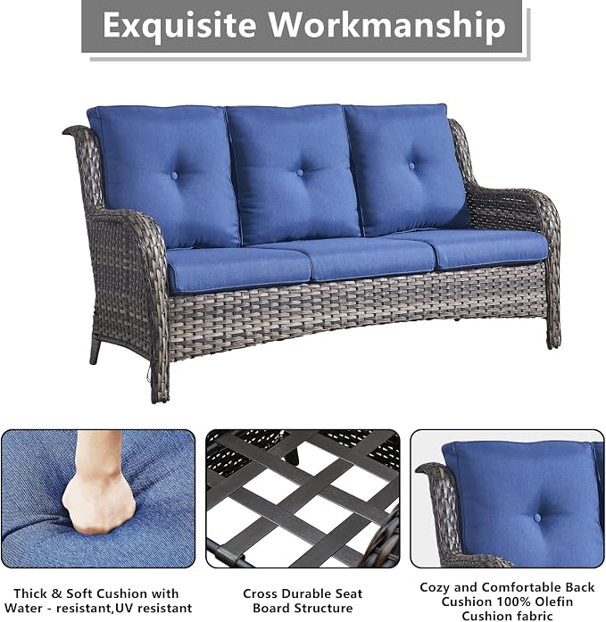 Rilyson Wicker Patio Furniture Sets - 7 Piece Rattan Outdoor Sectional Conversation Set with 4 Swivel Rocking Chairs,2 Ottomans and 1 Sofa for Porch Deck Garden(Mixed Grey/Blue)