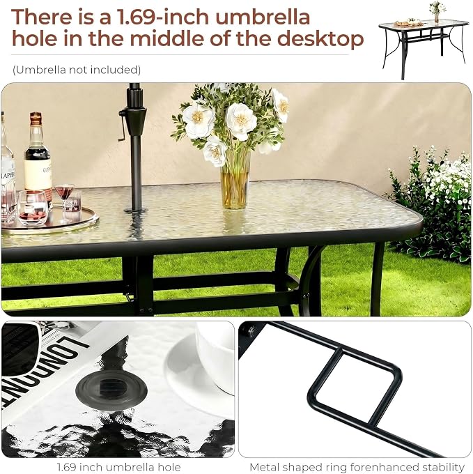 TLSUNNY Patio Dining Set for 6, Outdoor Table and Chairs W/1.69″ Umbrella Hole, 30"X 55" Table and Stackable Textilene Chair, All Weather Patio Furniture Set (Black Table & Navy Blue Chair)