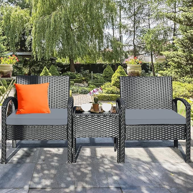 Tangkula 3 Piece Patio Conversation Set, Outdoor Rattan Sofa Set with Seat Cushions & Coffee Table, Patio Wicker Furniture Set for Garden Balcony Backyard Poolside (Grey)