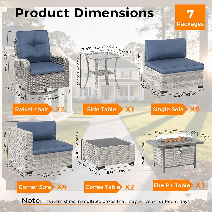 14-Seat Outdoor Wicker Patio Furniture Set with Fire Pit Table, Modular Rattan Sectional Sofa & 2 Swivel Rocking Chairs, 4" Thick Cushions, Rust-Resistant Frame,Navy