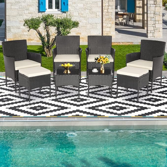 Tangkula 8 Piece Wicker Sofa Set, Patiojoy Outdoor Rattan Sofa Set w/2 Coffee Tables & 2 Ottomans, Rustproof Metal Frame, Soft Seat Cushions, Patio Wicker Conversation Set for Backyard, Poolside