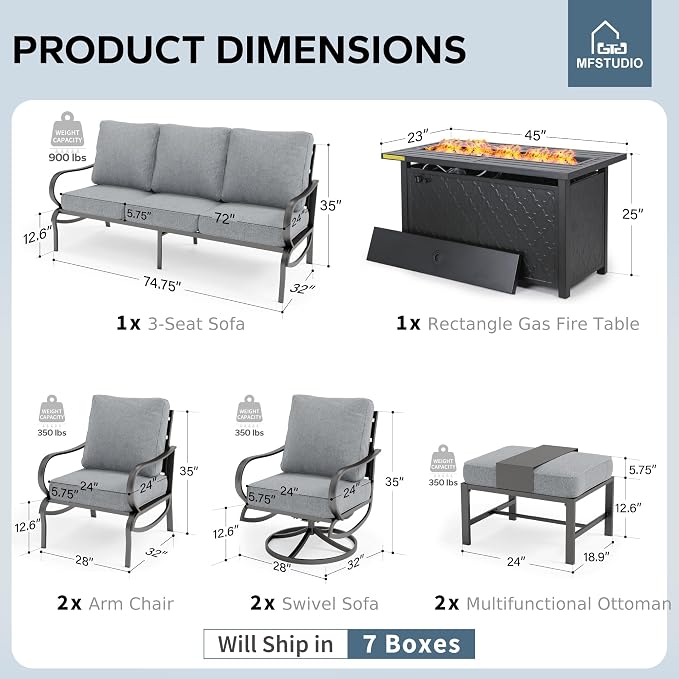 MFSTUDIO Patio Furniture Sets with 45" Gas Fire Pit Table, 8 Pieces Outdoor Metal Conversation Set with 1 x 3-Seat Sofa, 2 Single Chairs, 2 Swivel Chairs and 2 Ottomans, Grey Cushion