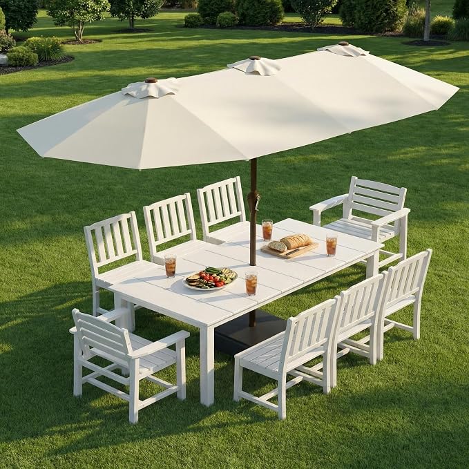 9-Piece Outdoor Dining Set with 15FT Umbrella for 8,White | HDPE table, chairs included, aluminum frame, weather-resistant furniture, perfect for yard, lawn, garden, deck