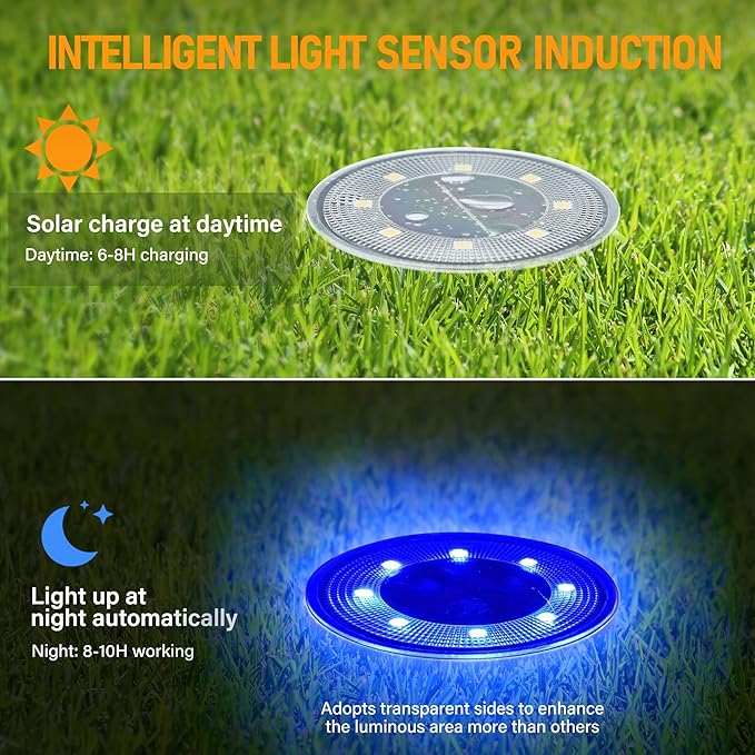 Siatom Solar Ground Lights 12 Pack, IP68 Waterproof Solar In-Ground Light for Outdoor, Flat Landscape Lighting, Garden Disc Light for Pathway, Walkway, and Yard - 12 Pcs (Blue)