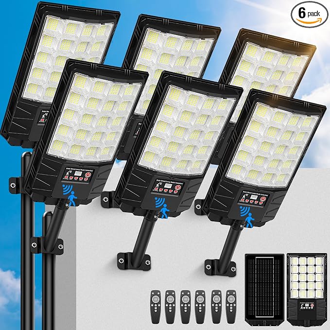 6-Pack Solar Street Lights Outdoor Waterproof, 6500K 24000LM LED Flood Lights with Motion Sensor, Dusk to Dawn Solar Light for Outside, Solar-Powered Security Lighting for Parking Lot Area Garage Yard