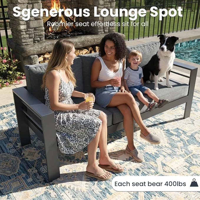 4 Pieces Modern Aluminum Patio Furniture Set with Fire Pit Table, Outdoor Conversation Sets Metal Sectional Sofa