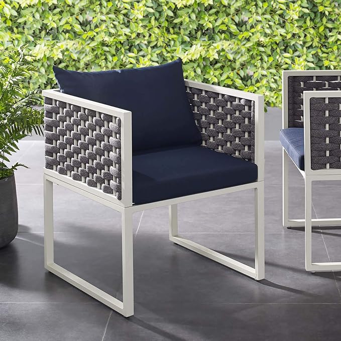 Modway Stance Outdoor Patio Woven Rope Dining Arm Chair in White Navy