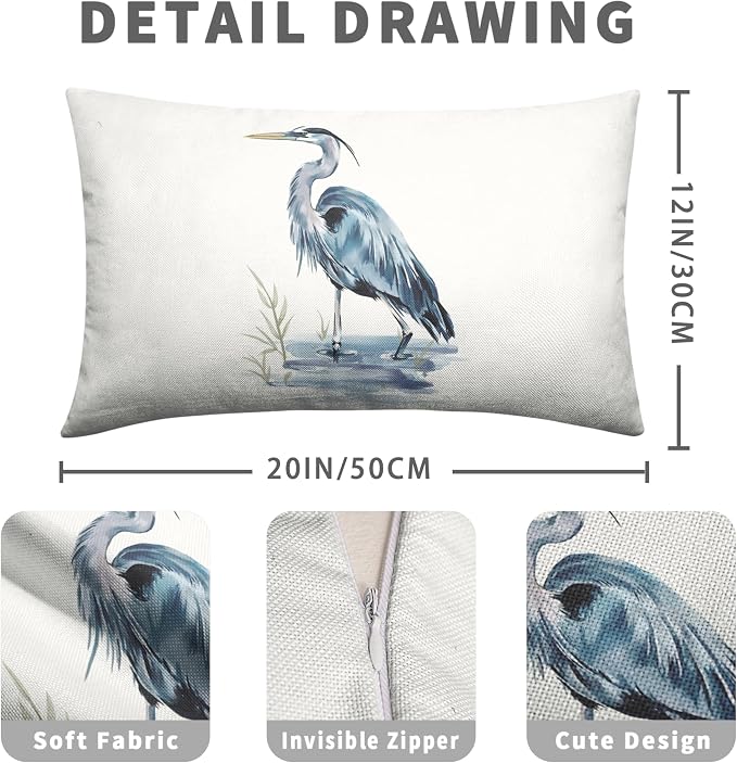 Watercolor Heron Lumbar Pillow Covers Pelican Throw Pillow Covers 12x20 Set of 2 Summer Bird Pattern Double Sided Printing Pillow Case for Farmhouse Patio Living Room, Cotton Linen