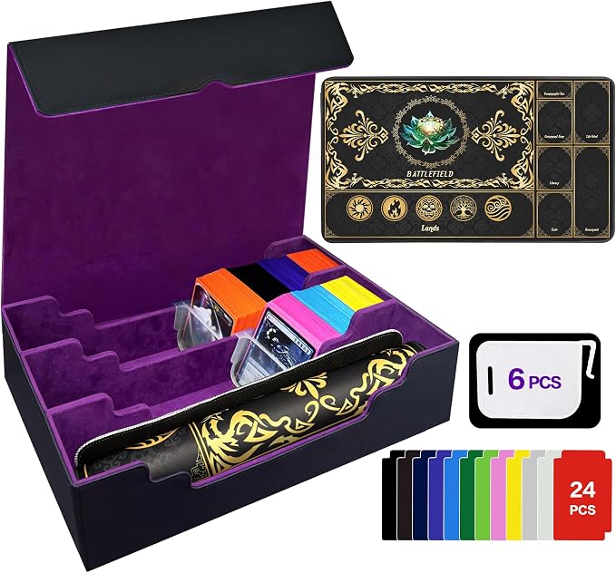 PROMAXIBINDER MTG Commander Deck Case with Playmat, B-Row Trading Card Storage Box Fits 3000+ Cards, 6 Movable Partitions 24 Dividers PU Leather Magnetic Closure, Magic/TCG/YuGiOh/Sport (Black&Purple)