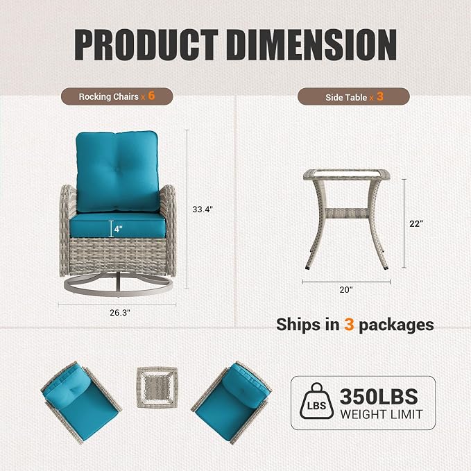 9-Piece Patio Rocking Swivel Chair Outdoor Wicker Rattan Bistro Set with Tempered Glass Side Table, Outdoor Patio Furniture Set for Garden, Deck, and Balcony, Turquoise