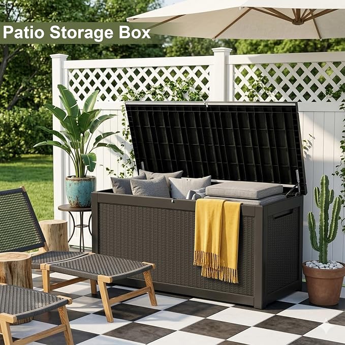 320 Gallon Outdoor Storage Box Waterproof, Lockable Resin Deck Box Large, Patio Storage Bin for Pool Accessories Cushion Furniture, Garden Tools, UV-Resistant Outside Delivery Black