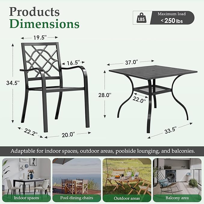 Crownland 5 Piece Outdoor Dining Set, Patio Metal Dining Sets, 4 Stackable Metal Chairs and Square Outdoor Dining Table with 1.57" Umbrella Hole, for Backyard, Lawn, Garden (Classic Black)