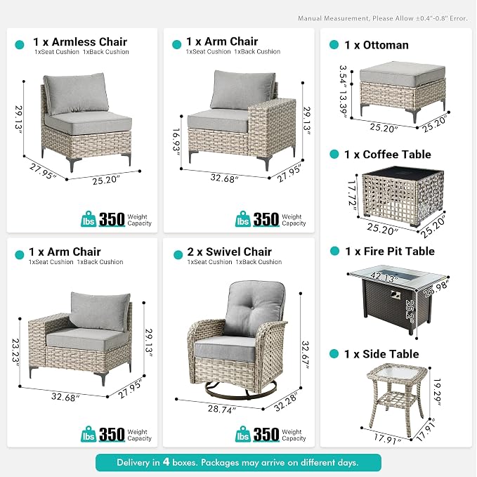 9 Pcs Patio Outdoor Furniture Set - All Weather Wicker Outdoor Sectional Sofa Couch with Swivel Fire Pit Table and Rocking Chairs e,Patio Rattan Conversation Set for Garden Deck Yard,Dark Grey
