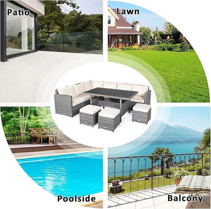 Tangkula 7 Pieces Patio Furniture Set, Outdoor Sectional Rattan Sofa Set with Cushions, All Weather Wicker Conversation Couch Set w/Dining Table & Ottomans for Backyard Garden Poolside (White)