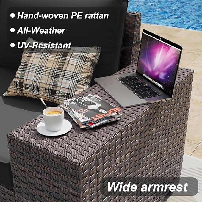 ALAULM 12 Pieces Patio Furniture Set Outdoor Sectional Sofa Brown PE Rattan Patio Conversation Set w/10 Seat Cushions and 2 Coffee Tables-Elegant Black