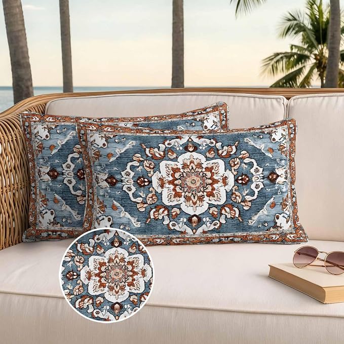 Blue Bohemian Waterproof Outdoor Pillow Covers Set of 2 Home Decor, Retro Pattern Oriental Farmhouse Ethnic Pillowcase Patio Pillow Covers for Couch Bench Furniture Garden 20x12in