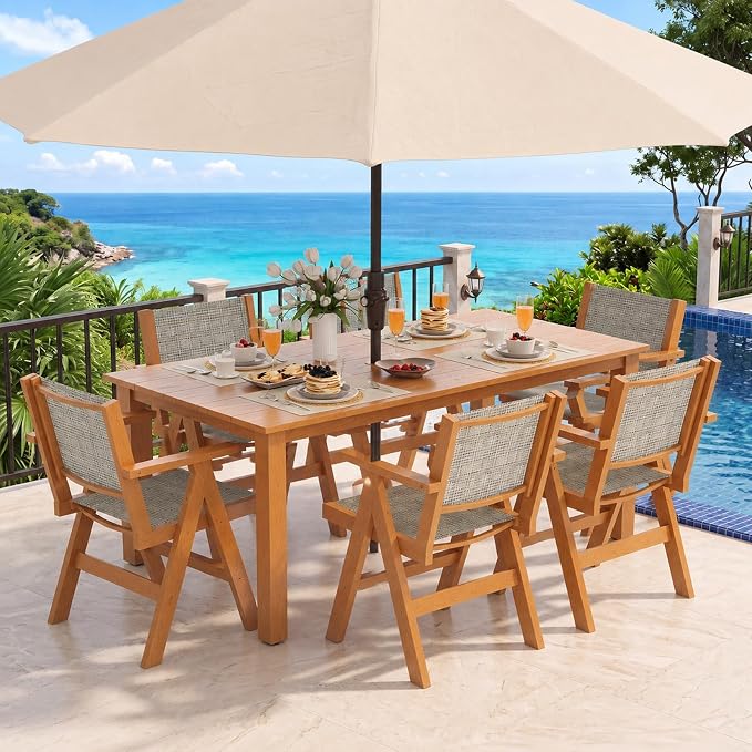 Outdoor Dining Table Set, 7 Piece HDPE Patio Set with Aluminum Dining Table & 6 Textilene Chairs, 69" Outdoor Table with Umbrella Hole for Garden, Deck, Lawn, Teak
