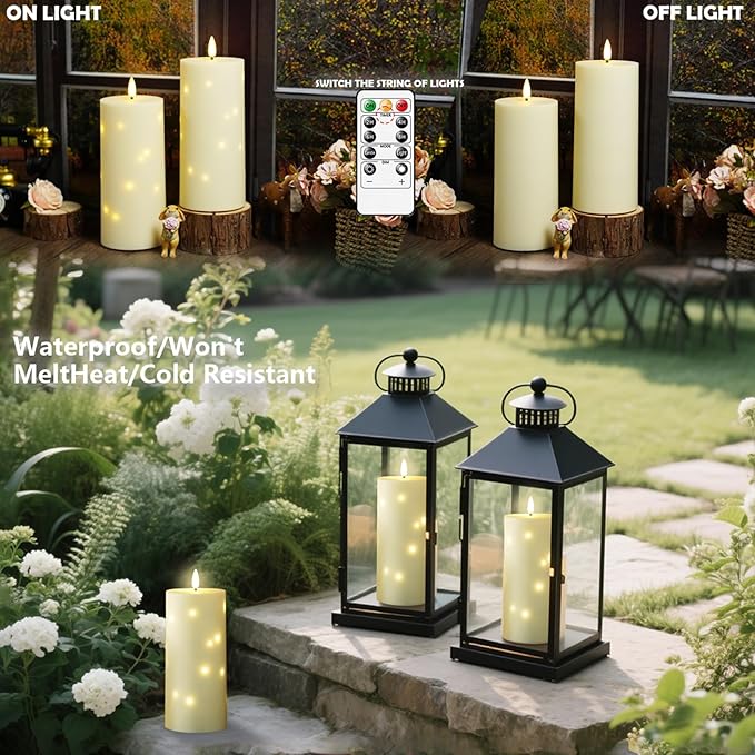 kakoya 10" x 4" Large Outdoor Waterproof Flickering Flameless Candles with Timer,4Pcs Battery Operated LED Pillar Candles with Embedded Star String for Outdoor Lanterns,Porch,Patio Decor(Ivory)