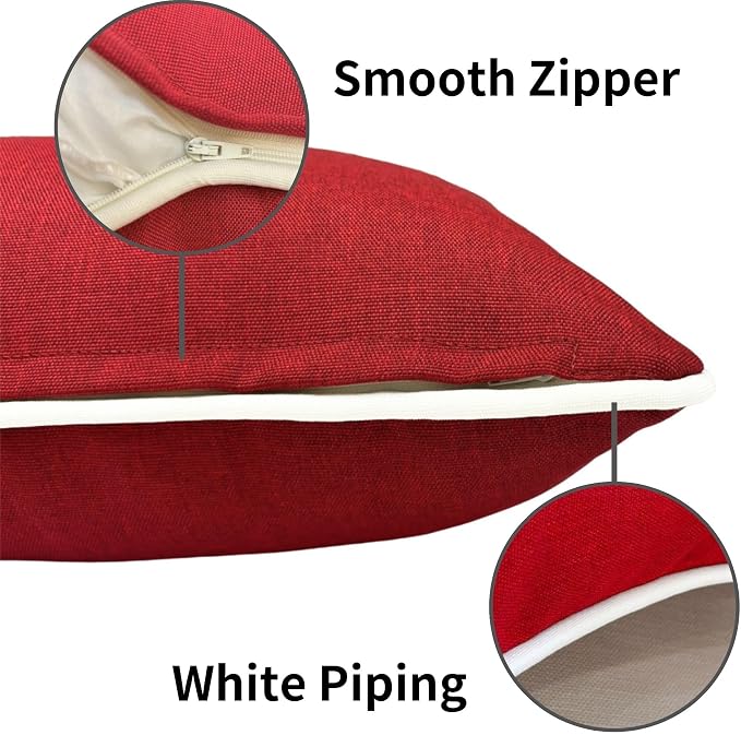 HER HWA Outdoor Lumbar Pillow Covers White Piping 20"x12" Set of 2, Red | durable fade-resistant water-resistant 100% polyester white piping smooth zipper machine washable for indoor outdoor décor