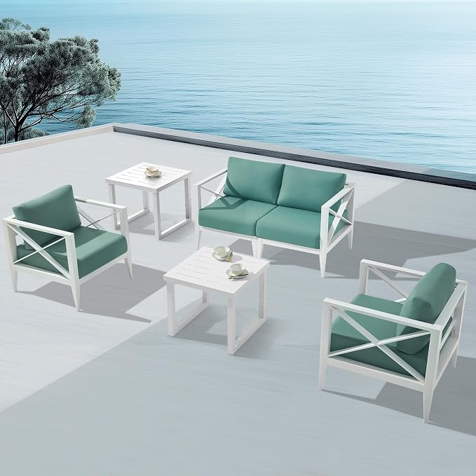 Outdoor Aluminum Patio Furniture Set, 4-Seats Patio Conversation Sofa Set with 2 Coffee Table, All Weather for Pool, Balcony, Garden-White