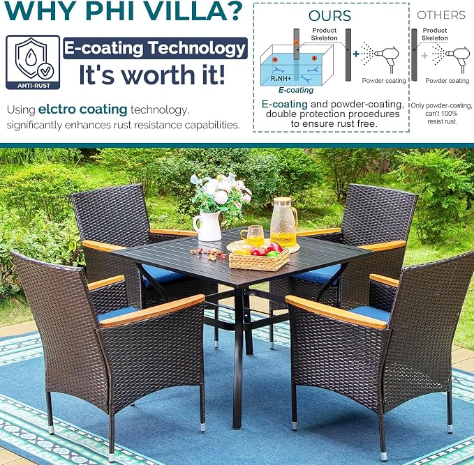 PHI VILLA 5pc Patio Dining Set with Umbrella, Square Table, Rattan Chairs | 37" Metal Table, Cushioned PE Rattan chairs, 10ft Red 3 Tier Auto-tilt Umbrella (Base Not Included)