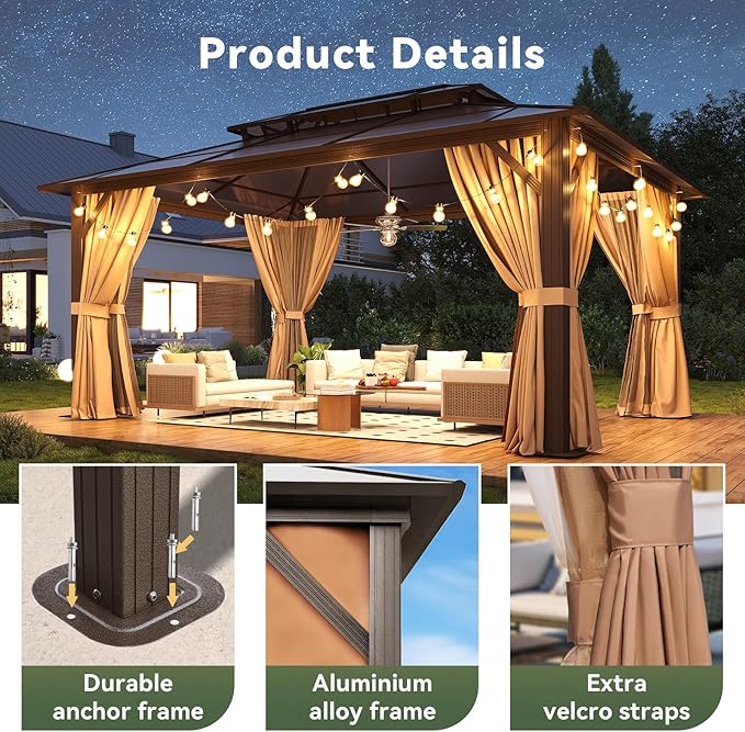 12’x16’ Hardtop Gazebo with Double Polycarbonate Roof Outdoor Metal Gazebo Sturdy Aluminum Frame & Removable Curtains, Netting Permanent Pavilion Pergola for Garden,Patio,Lawn(Brown)