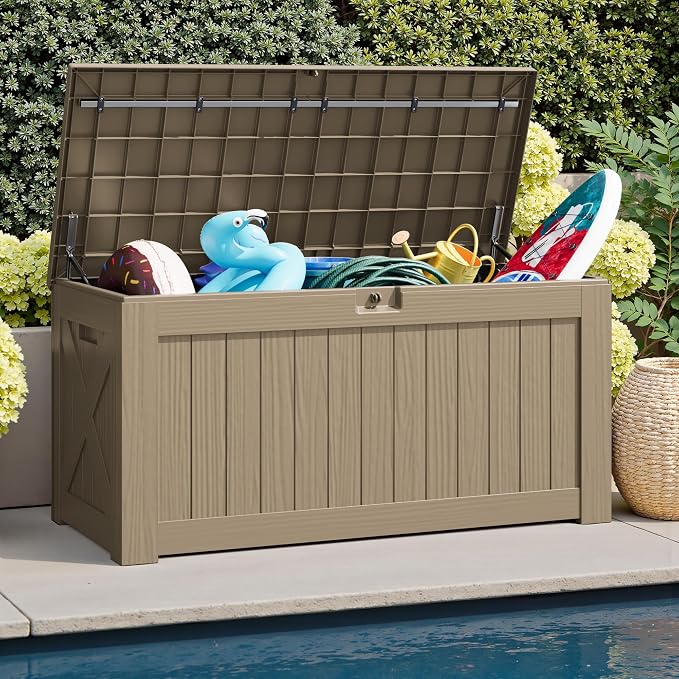 JUMMICO 120 Gallon Resin Deck Box, Large Outdoor Storage Box Waterproof & Lockable for Garden, Patio, Pools (Light Brown)