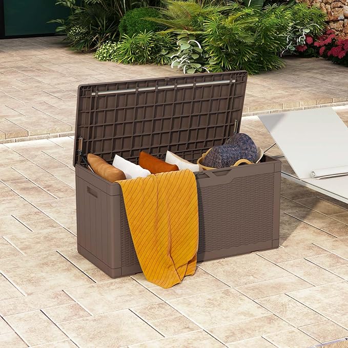 Patiowell 100 Gallon Resin Deck Box with cushion, Waterproof Large Outdoor Storage Box for Patio Furniture and Garden Tools, Dark Brown