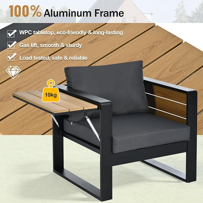4-Piece Outdoor Patio Furniture Set,Conversation set for 5 Person, 3-Seater Sofa, 2 Armchairs with Fold-Out Side Tables, Aluminum Frame & Plastic-Wood , Modern Garden/Patio Seating, Grey Cushions