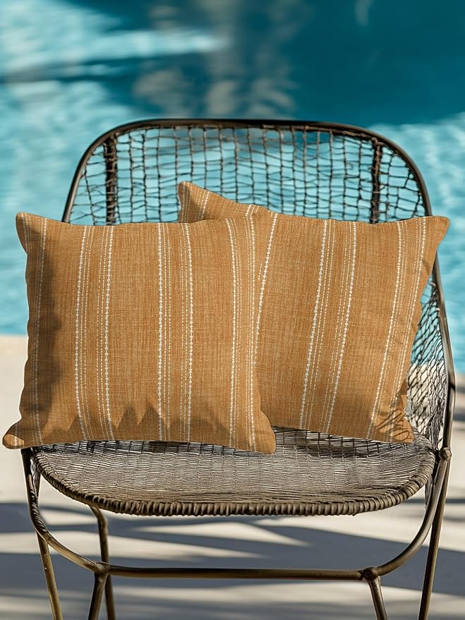 Waterproof Outdoor Pillow Set of 2 Orange Linen Stripes Decorative Throw Pillows Cover & Insert 18x18 Inch Pillowcase Parallel Vertical Lines Pillows for Couch Sofa Bed Patio Furniture Indoor Outdoor