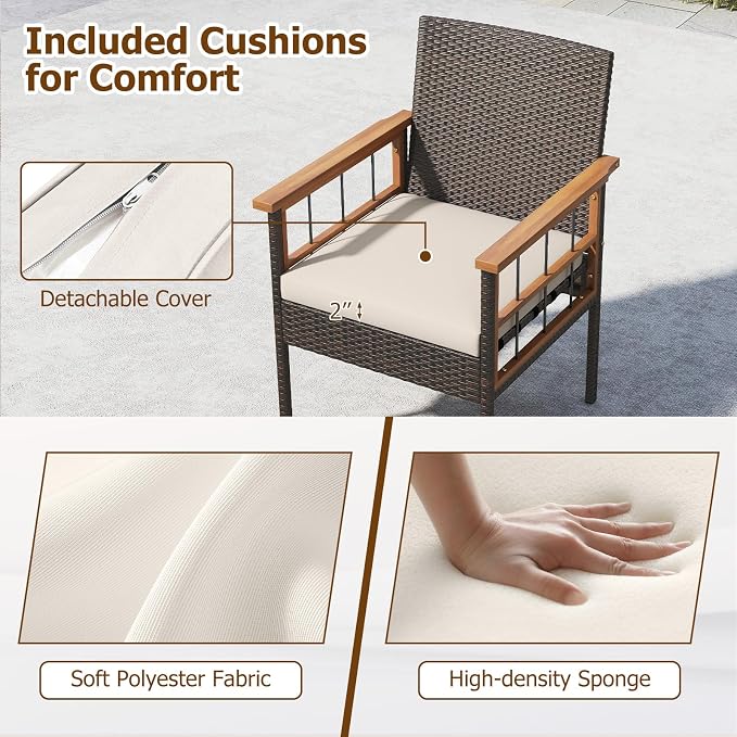 HAPPYGRILL 3 Piece Patio Conversation Set, Outdoor Wicker Furniture Set with Acacia Wood Coffee Table, 2 Rattan Chairs & Cushions, Patio Bistro Set for Porch, Garden, Backyard, Poolside