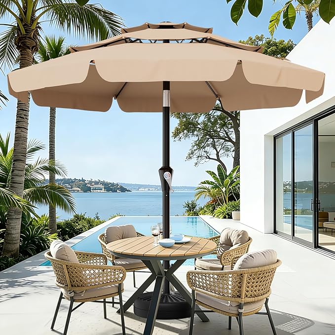 AreShark 10FT 3-Tiers Patio Umbrella with Valance, Outdoor Umbrellas with Crank/Tilt, Table Market Umbrella Vented w/ 8 Sturdy Ribs for Garden, Deck, Backyard, and Pool, Beige