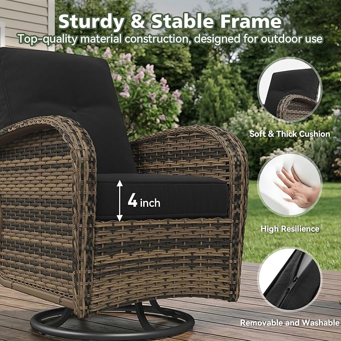 Aoxun 14 Piece Outdoor Patio Furniture Set with 44'' Fire Pit Table, Wicker Rattan Outdoor Furniture with High Back Swivel Rocker Chairs, Outdoor Conversation Set with Thick Cushion, Black
