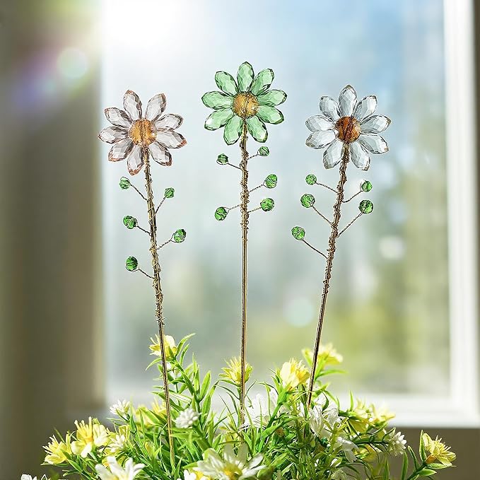 3Pcs Crystal Sunflower Suncatchers with 13'' Gold Trellis Metal Plant Stake | Glass Plant Suncatcher Garden Stakes for Indoor Outdoor Garden Potted Plants Decorations Plant Lover Gift(Clear, Green, Pink)