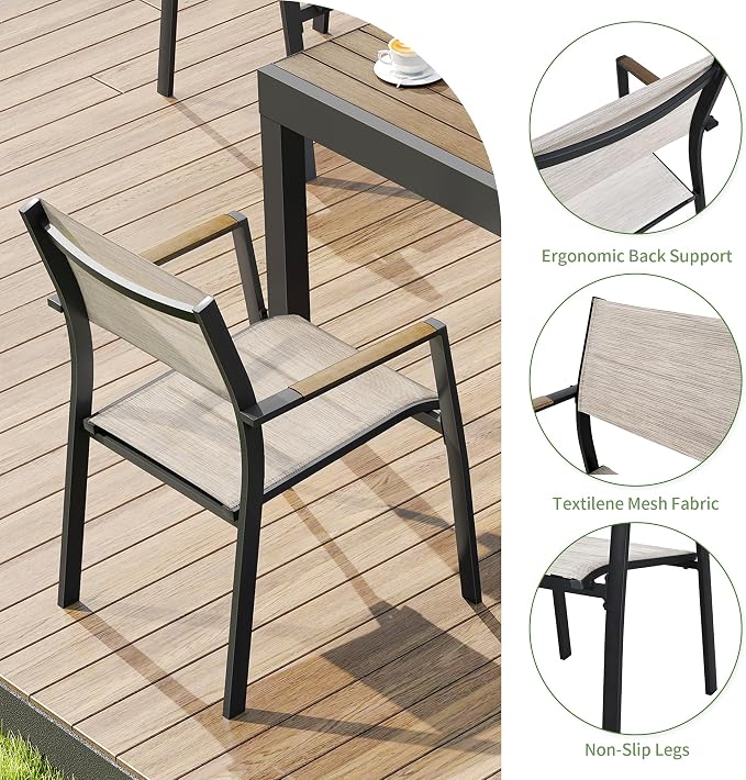 5 Piece Outdoor Dining Set, Expandable Outdoor Patio Dining Table Set for 4-6 Person, Aluminum Outdoor Table and 4 Chairs with Textilene Fabric & Armrest for Patio, Garden, Lawn, Deck(Brown)